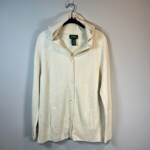 Lauren Ralph Lauren Women's Hooded Button Front Cardigan Sweater Cream  Sz Large